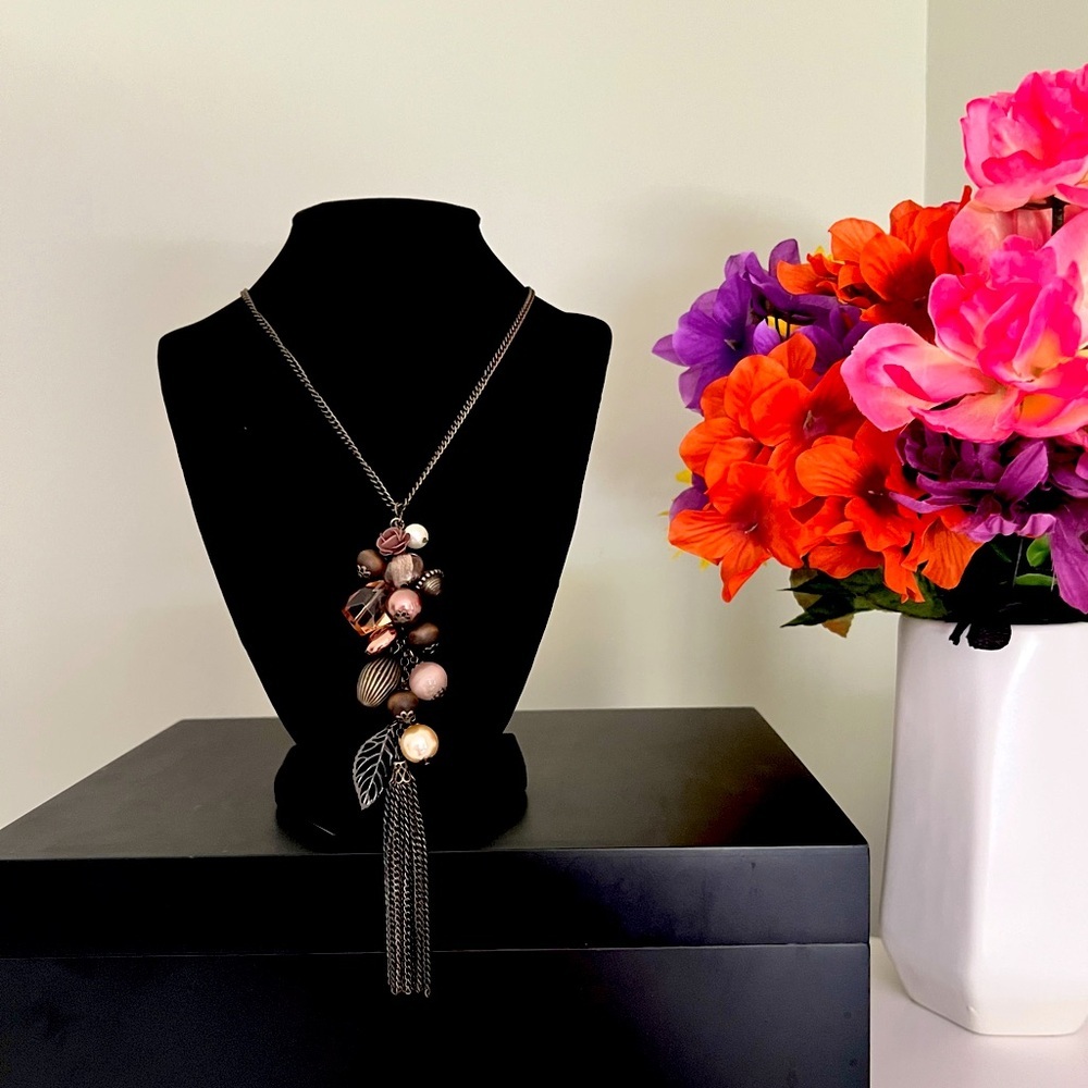 Elegant Bronze and Gold Beaded Tassel Necklace